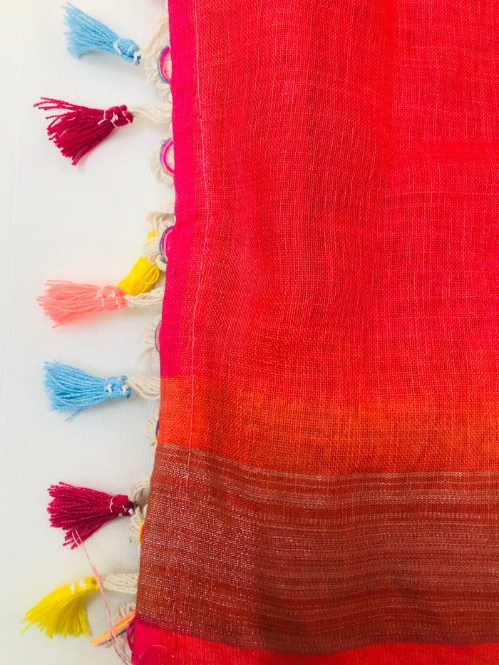 Delightful Orange Colored Festive Wear Pure Linen Designer Saree
