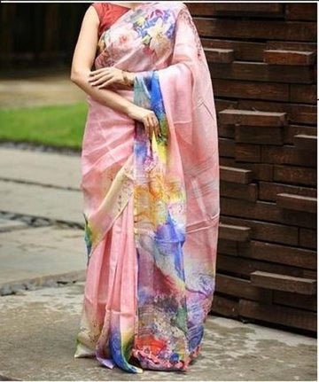 Delightful Rose Gold colored Designer Printed Pure Linen Designer Saree
