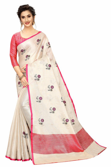 Demanding Cream And Red Colored Casual Pure Linen Saree