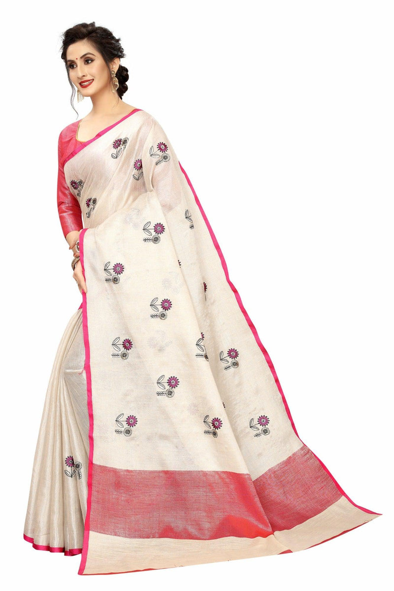 Demanding Cream And Red Colored Casual Pure Linen Saree - Ibis Fab