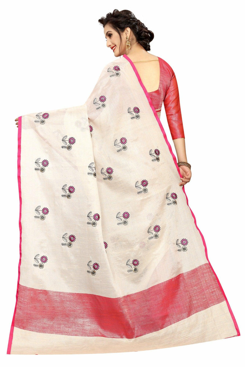 Demanding Cream And Red Colored Casual Pure Linen Saree - Ibis Fab
