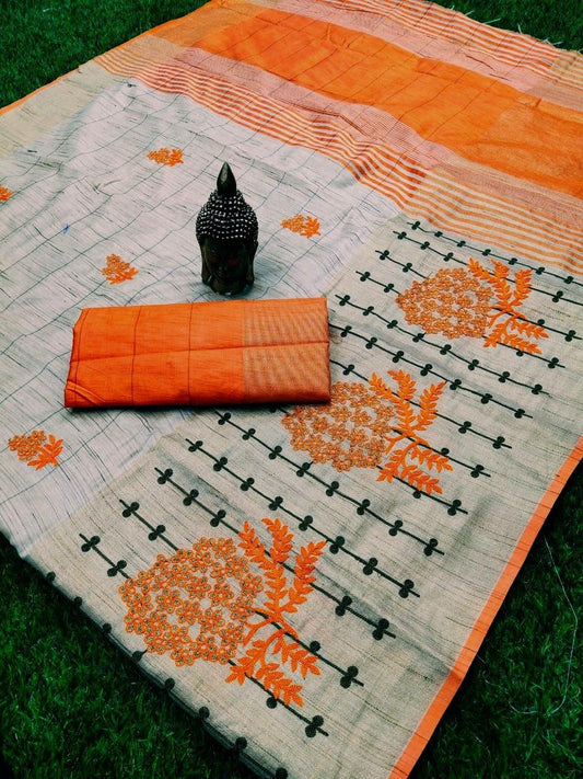 Demanding Off White Colored Festive Wear Embroidered Handloom Cotton Silk Saree - Ibis Fab