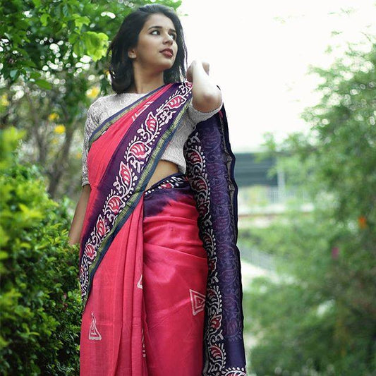 Demanding Pink Colored Festive Printed Pure Linen Saree - Ibis Fab