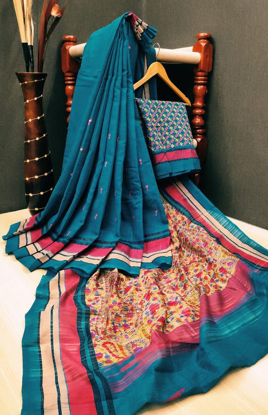 Demanding Pure Linen Rama Colored Casual Printed Saree - Ibis Fab