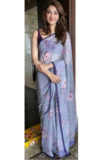 Demanding Violet colored Flowered Partywear Linen Designer Saree