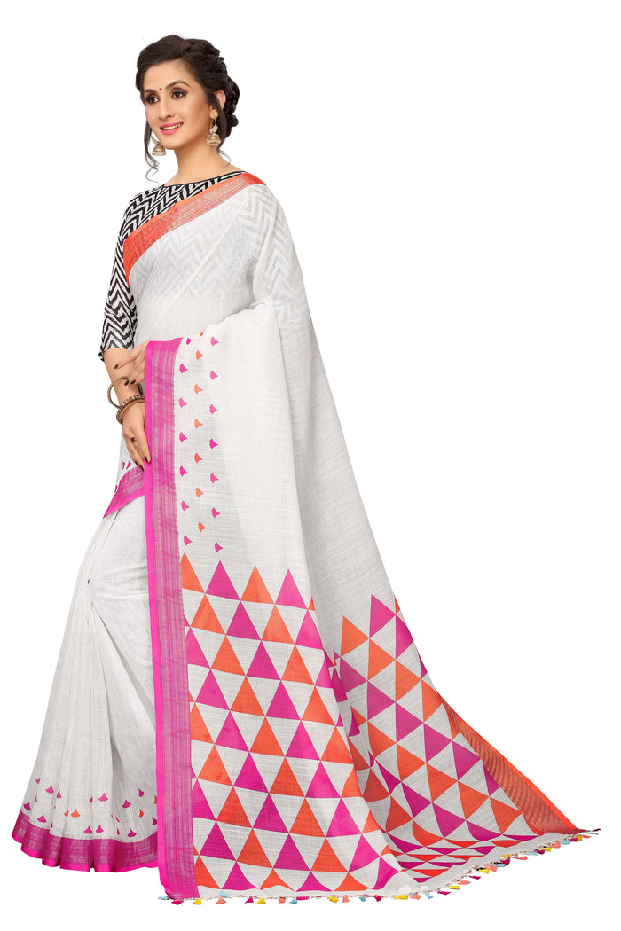 Demanding White Colored Printed  Pure Linen Saree