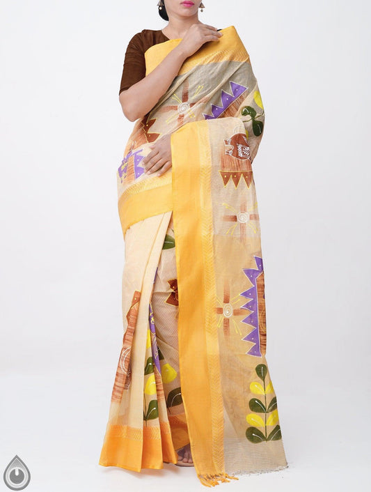 Demanding Yellow & Cream Pure Colored Festive Wear Linen Designer Saree - Ibis Fab