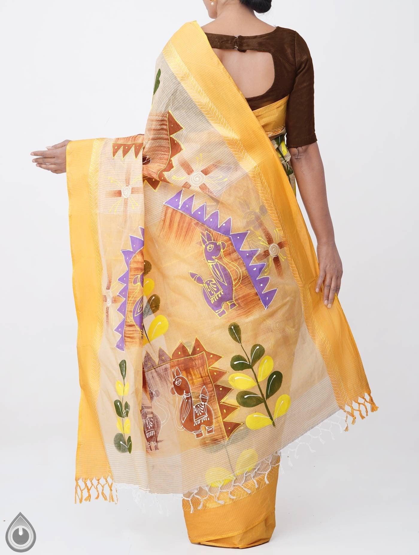 Demanding Yellow & Cream Pure Colored Festive Wear Linen Designer Saree - Ibis Fab