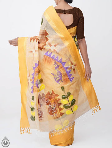 Demanding Yellow & Cream Pure Colored Festive Wear Linen Designer Saree