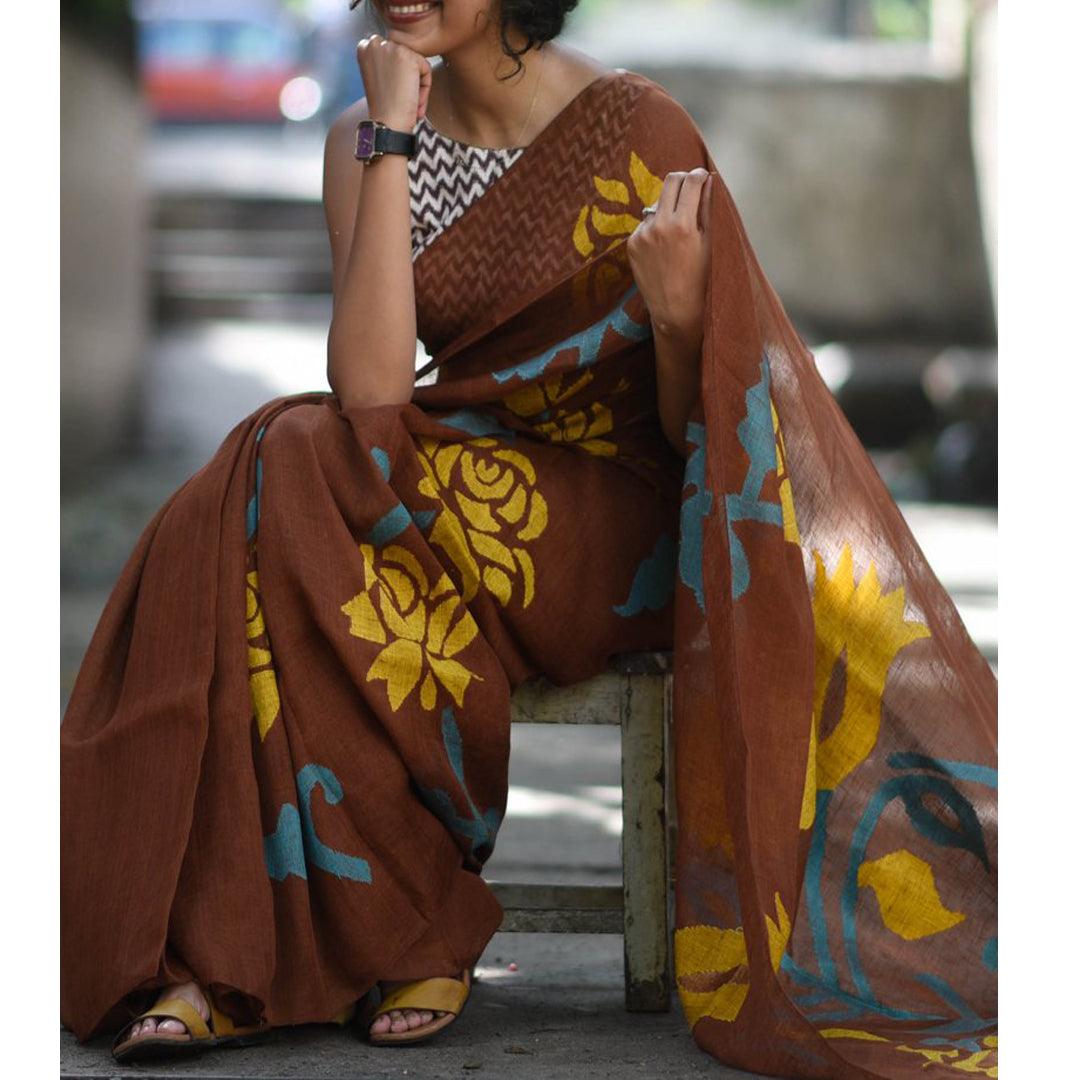 Deserving Brown Colored Festive Wear Pure Linen Designer Saree - Ibis Fab