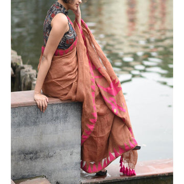 Deserving Copper Colored Festive Wear Pure Linen Designer Saree