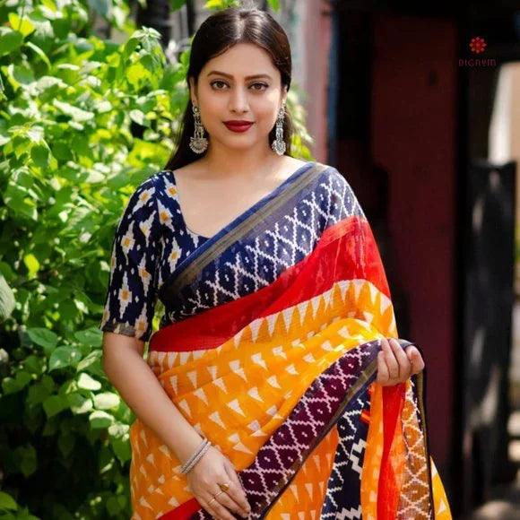 Design Ikkat, Pure Linen Yellow Saree