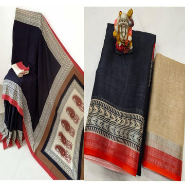 Designer Border, Black Pure Linen Saree