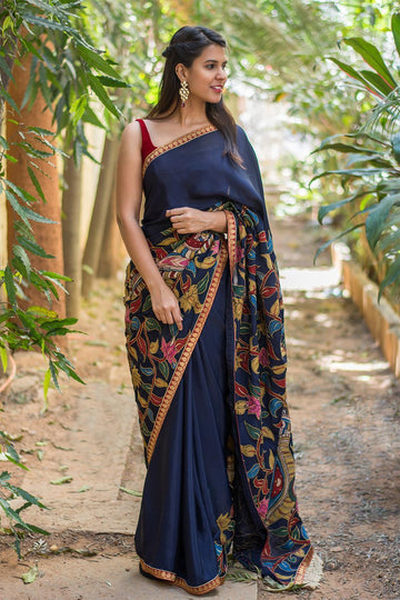 Designer Dark Blue colored Linen Designer printed Saree