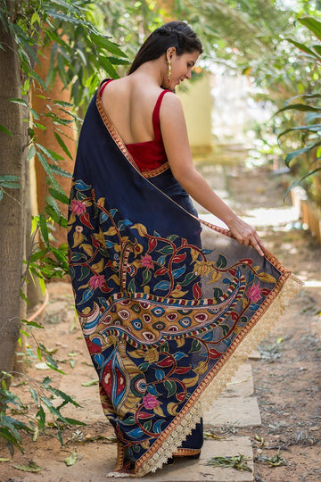 Designer Dark Blue colored Linen Designer printed Saree