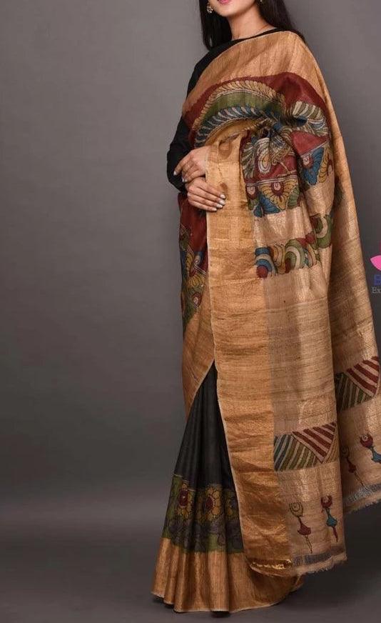 Desirable Black And Cream Festive Wear Pure Linen Saree