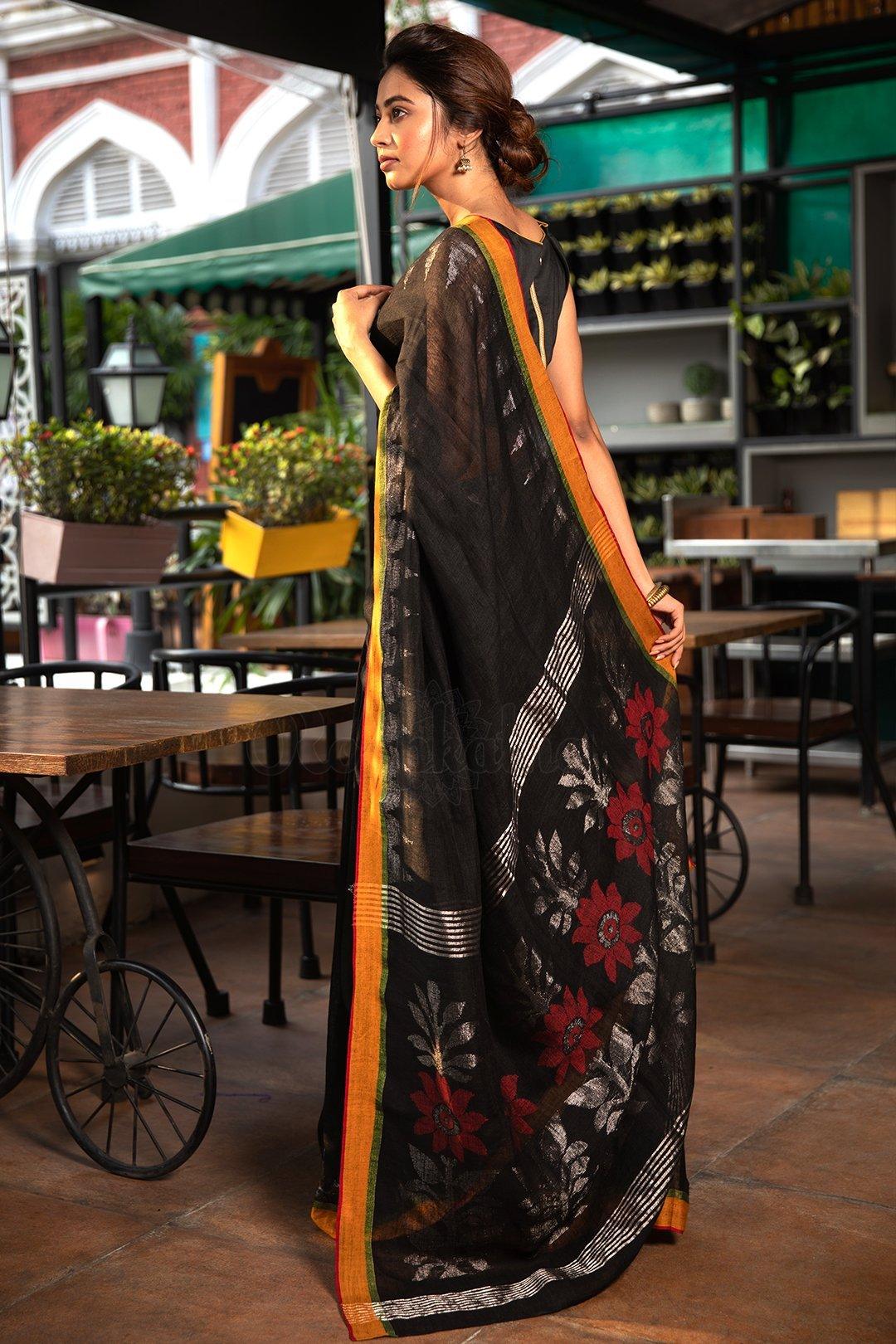 Desirable Black Pure Linen Designer Saree - Ibis Fab