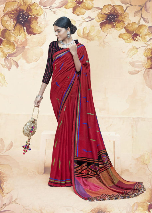 Desirable Linen Red Colored Casual Printed Saree - Ibis Fab