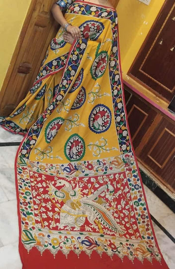 Desirable Yellow and Red colored Kalamkari Linen Designer Printed Saree