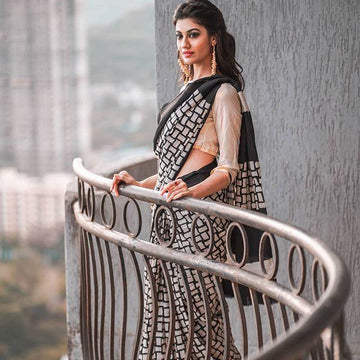 Desiring Black And Off White  Colored Party Wear Pure Linen Printed Saree