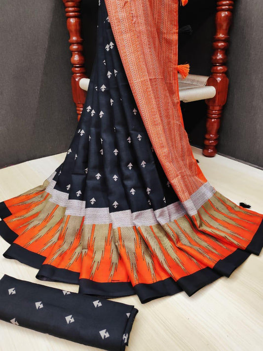 Desiring Pure Linen Black And Orange Colored Casual Printed Saree - Ibis Fab