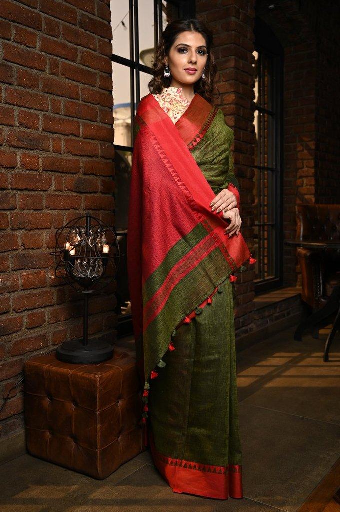 Desiring Women's Mehendi And Red Colour Pure Linen Saree With Blouse Piece - Ibis Fab