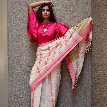 Different  Festive Wear White And Pink Colored   Printed  Pure Linen Saree