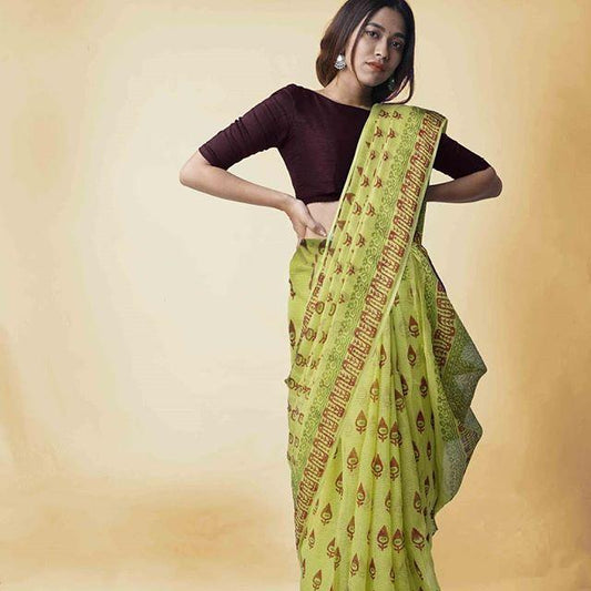 Different Parrot Green And Brown Colored Party Wear Pure Linen Printed Saree - Ibis Fab