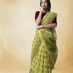 Different Parrot Green And Brown Colored Party Wear Pure Linen Printed Saree - Ibis Fab