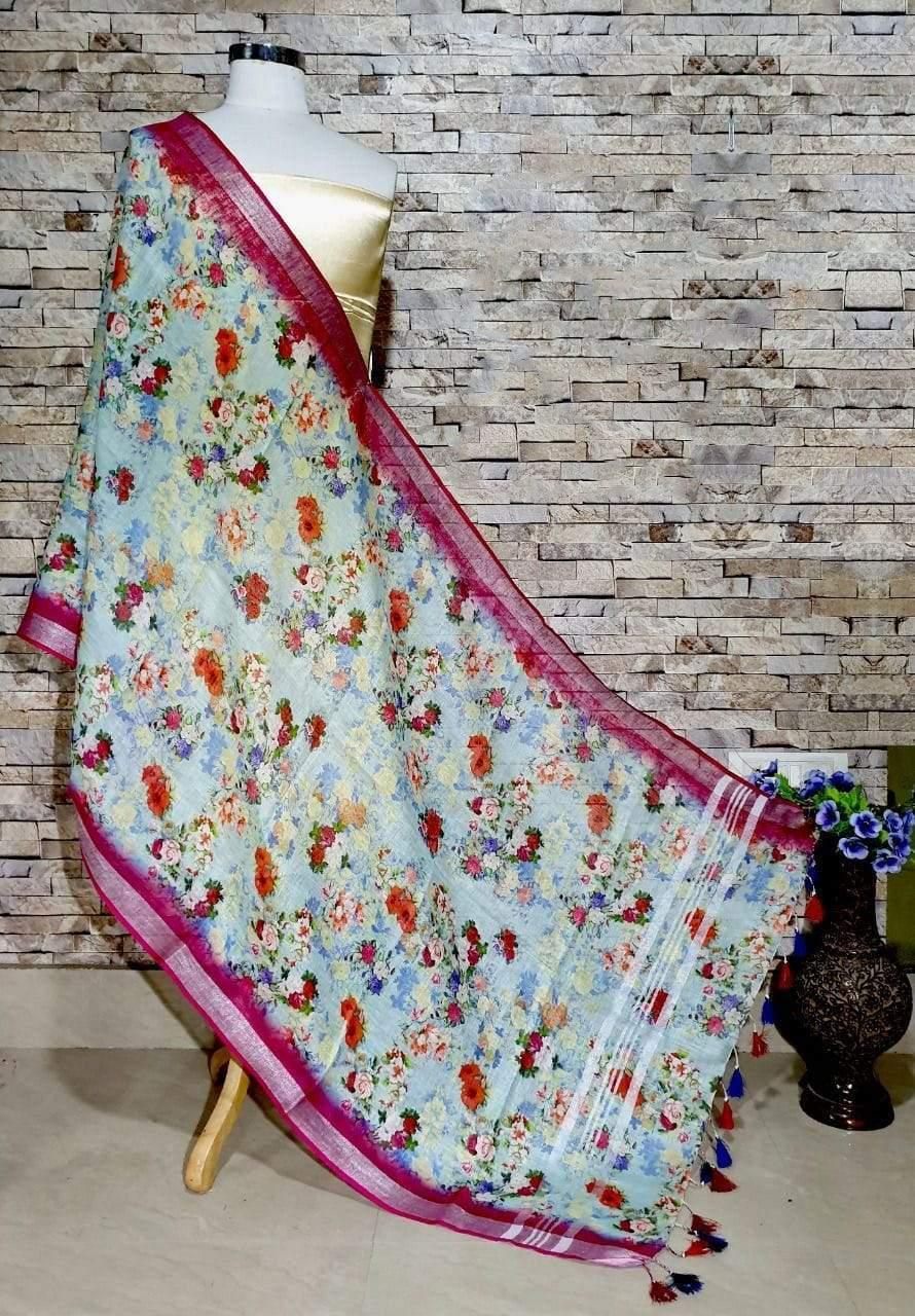 Divine light blue Floral Print Digital Linen Dupatta - Ibis Fab