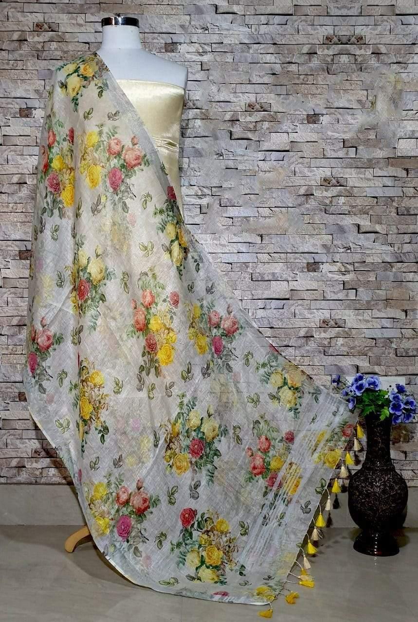 Divine White Floral Print Digital Linen Dupatta - Ibis Fab