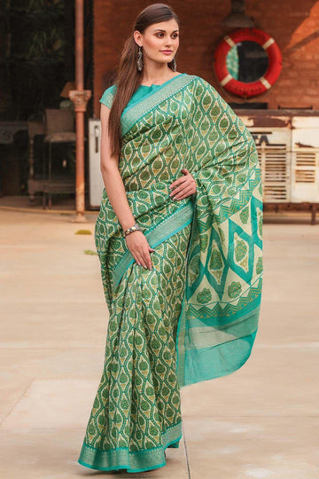 Effective Mint Linen Designer Printed Saree