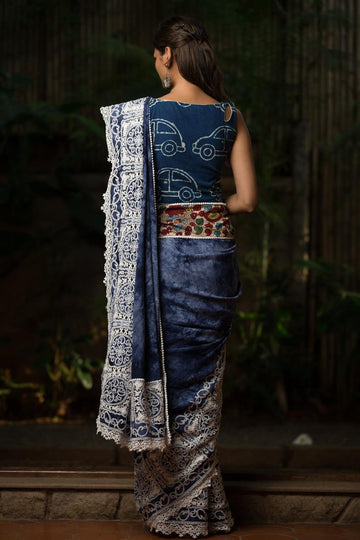 Elegant Indigo Night Blue Linen Designer Printed Saree