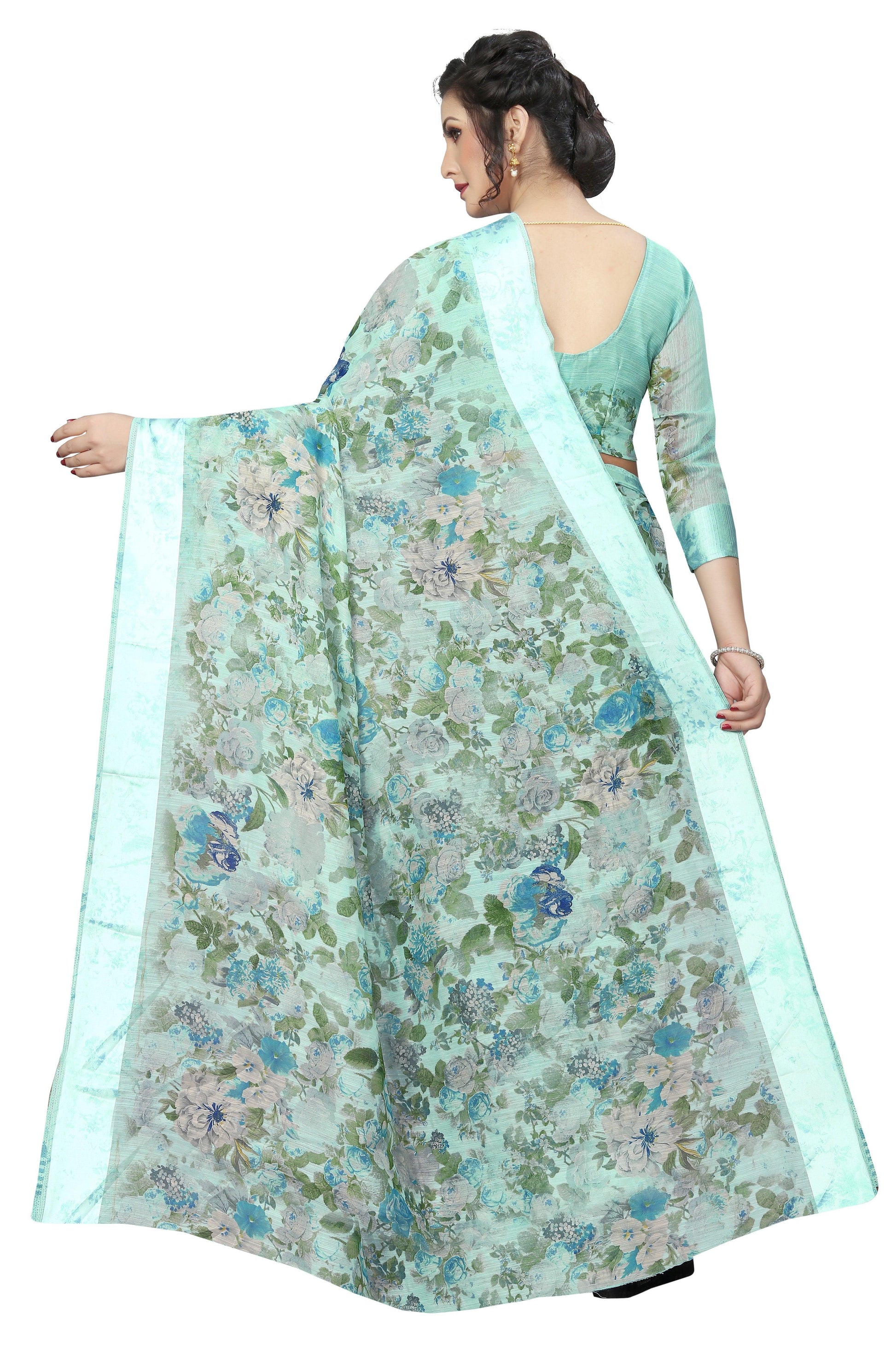 Elegant mint Pure Linen Designer Saree - Ibis Fab