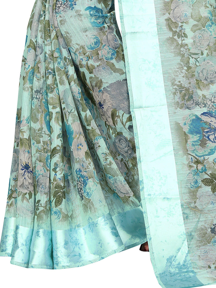 Elegant mint Pure  Linen Designer Saree