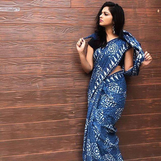 Elegant Navy Blue Colored Festive Printed Pure Linen Saree - Ibis Fab