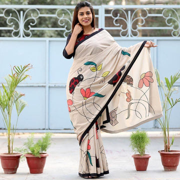 Elegant off White Colored  Festive Wear Printed  Pure Linen Saree
