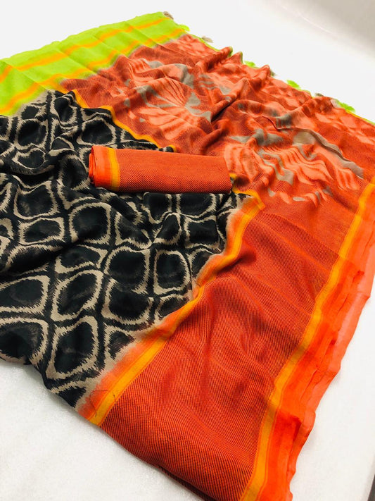Elegant Pure Linen Black And Orange Colored Casual Printed Saree - Ibis Fab