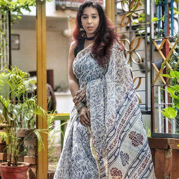 Elegant  White Colored  Festive Printed  Pure Linen Saree