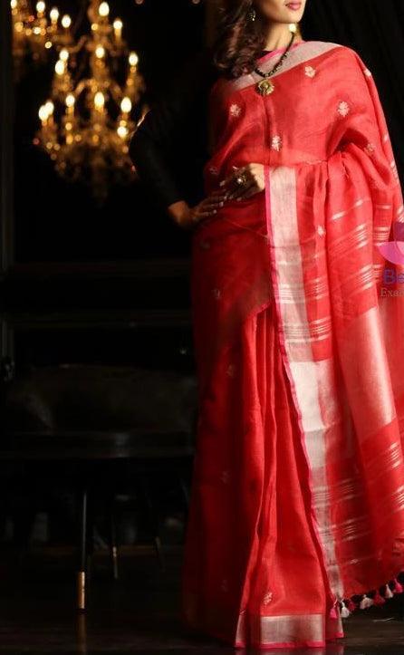 Energetic Red Colored Festive Wear Linen Saree - Ibis Fab