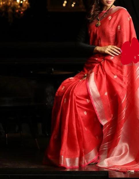 Energetic Red Colored Festive Wear Linen Saree - Ibis Fab