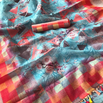 Energetic Sky Blue Colored Partywear Embroidered Linen Saree
