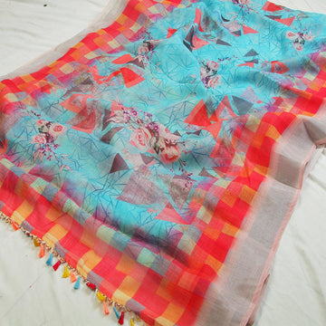 Energetic Sky Blue Colored Partywear Embroidered Linen Saree
