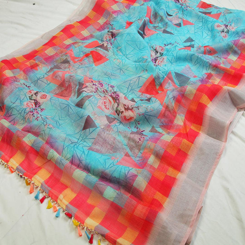 Energetic Sky Blue Colored Partywear Embroidered Linen Saree - Ibis Fab