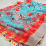 Energetic Sky Blue Colored Partywear Embroidered Linen Saree - Ibis Fab