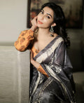 Engrossing Dark Grey Color Printed Pure Linen Saree For Women