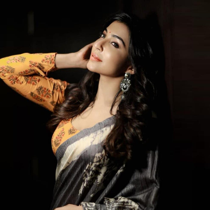 Engrossing Dark Grey Color Printed Pure Linen Saree For Women