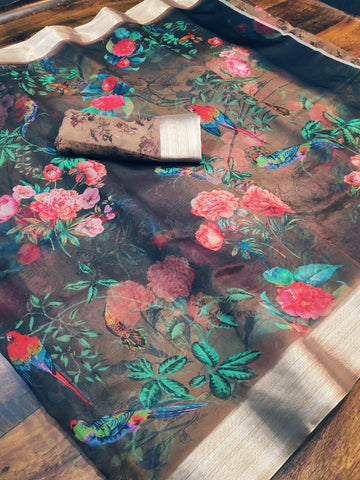 Engrossing Pure Linen Black Colored Festive Wear Printed Saree