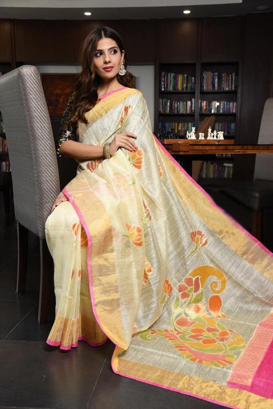Engrossing Women's Light Yellow Colour Pure Linen Saree With Blouse Piece - Ibis Fab