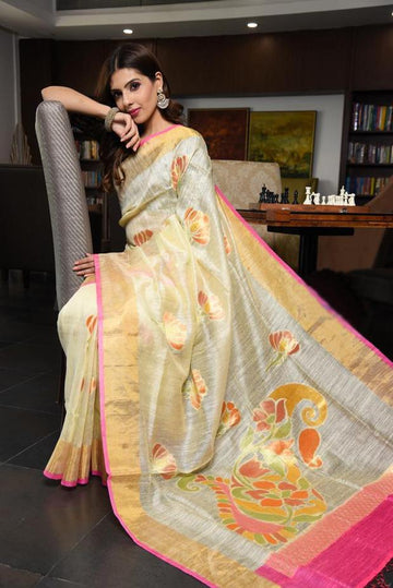 Engrossing Women's Light Yellow Colour Pure Linen Saree With Blouse Piece